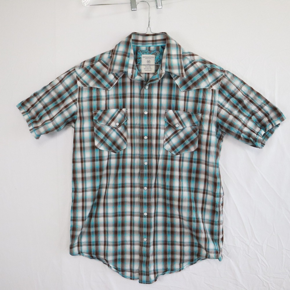 Panhandle Rough Stock Shirt Mens Medium Western‎ Pearl Snap Plaid Short Sleeve